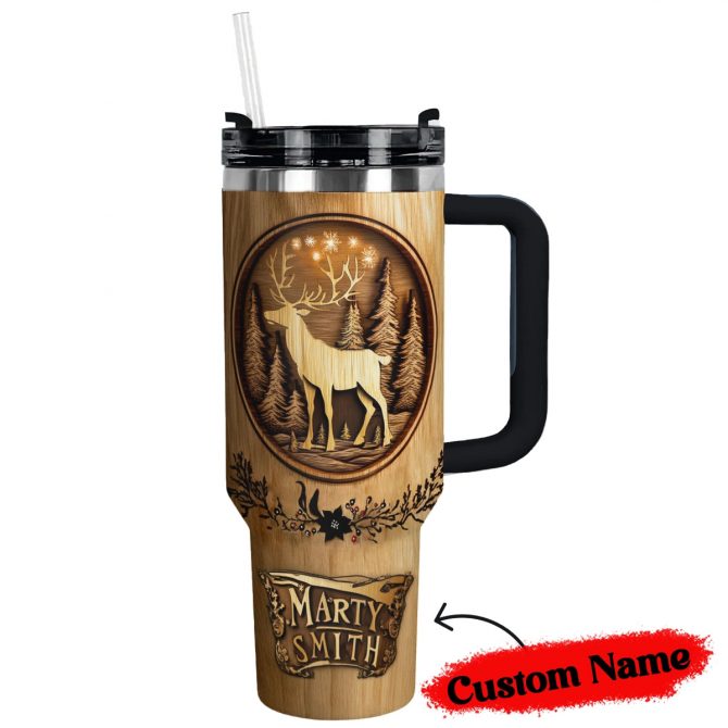 Reindeer Woodcut Christmas Custom Stanley Quencher 40oz Stainless Steel Tumbler With Handle