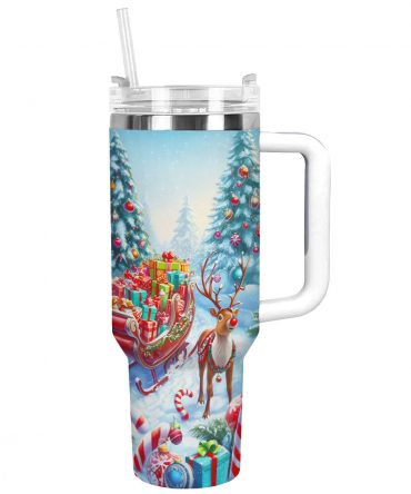 Reindeer‚Äôs Ride Christmas Custom Stanley Quencher 40oz Stainless Steel Tumbler With Handle