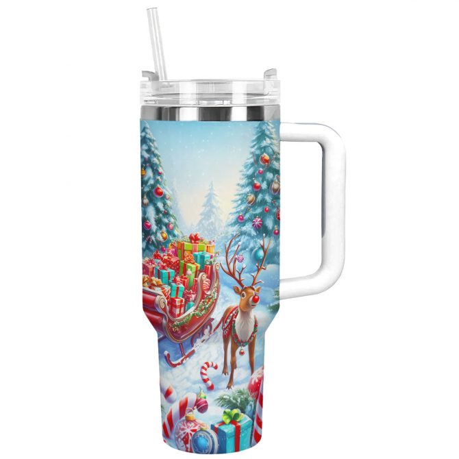 Reindeer‚Äôs Ride Christmas Custom Stanley Quencher 40oz Stainless Steel Tumbler With Handle