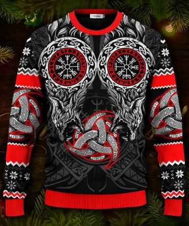 Red Triple Horn Pattern Wolf Viking Ugly Christmas Sweater