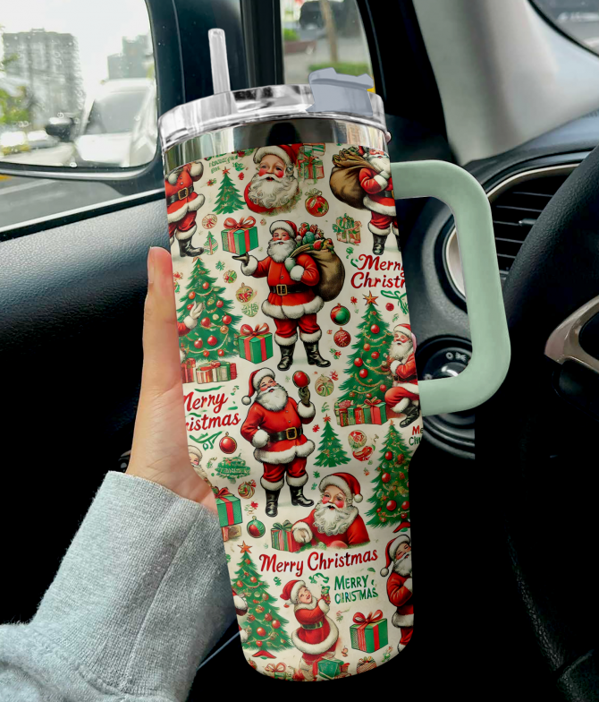 Santa Pattern Christmas Custom Stanley Quencher 40oz Stainless Steel Tumbler With Handle - Image 2