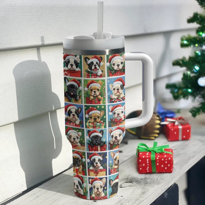 Santa Paws Frenchie Bulldog Christmas Custom Stanley Quencher 40oz Stainless Steel Tumbler With Handle - Image 2
