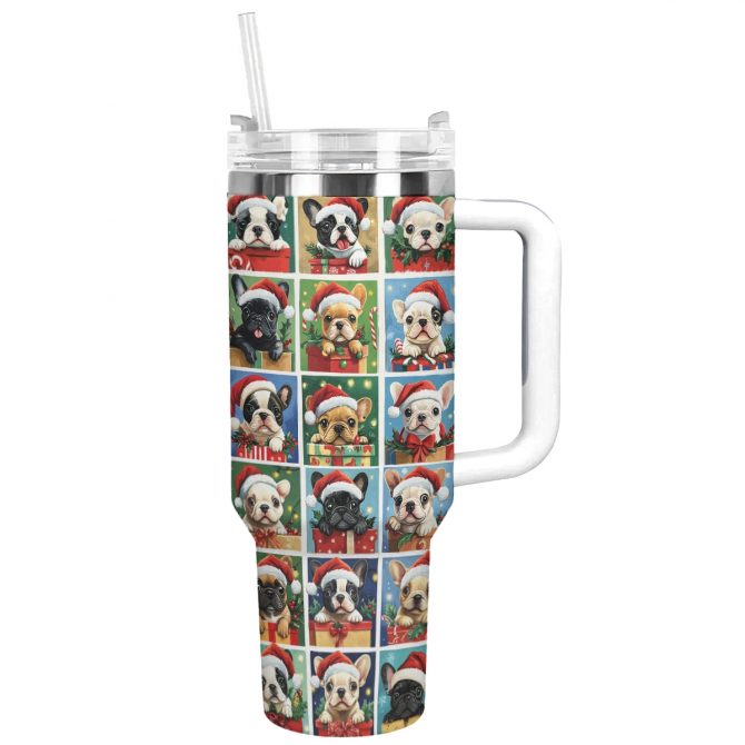 Santa Paws Frenchie Bulldog Christmas Custom Stanley Quencher 40oz Stainless Steel Tumbler With Handle