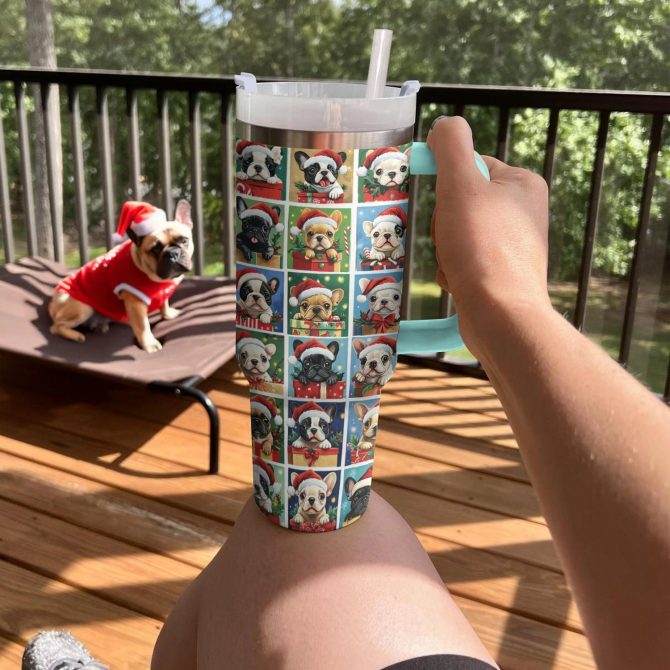 Santa Paws Frenchie Bulldog Christmas Custom Stanley Quencher 40oz Stainless Steel Tumbler With Handle - Image 3