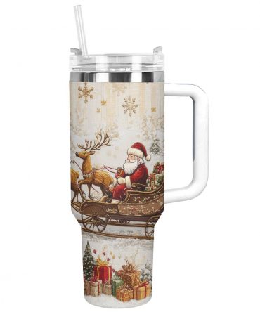 Santa Sleigh Christmas Custom Stanley Quencher 40oz Stainless Steel Tumbler With Handle