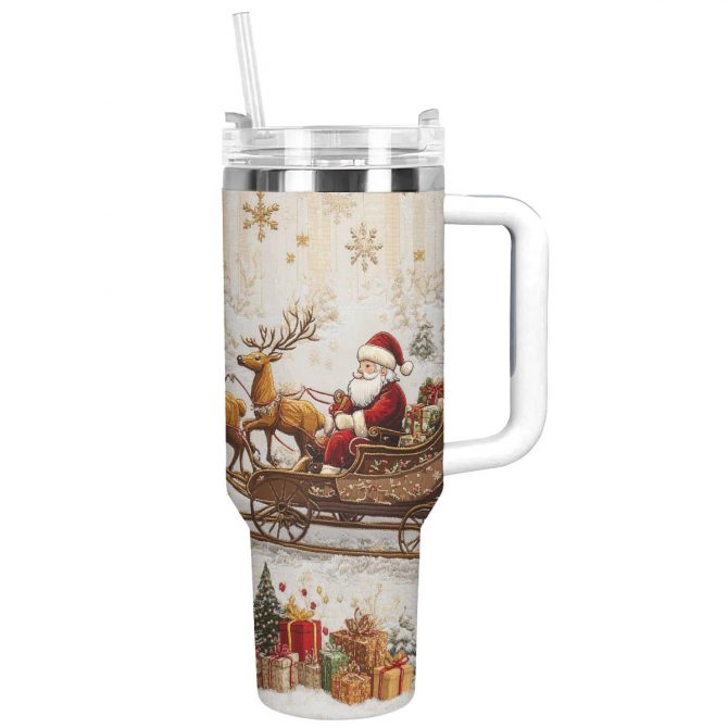 Santa Sleigh Christmas Custom Stanley Quencher 40oz Stainless Steel Tumbler With Handle