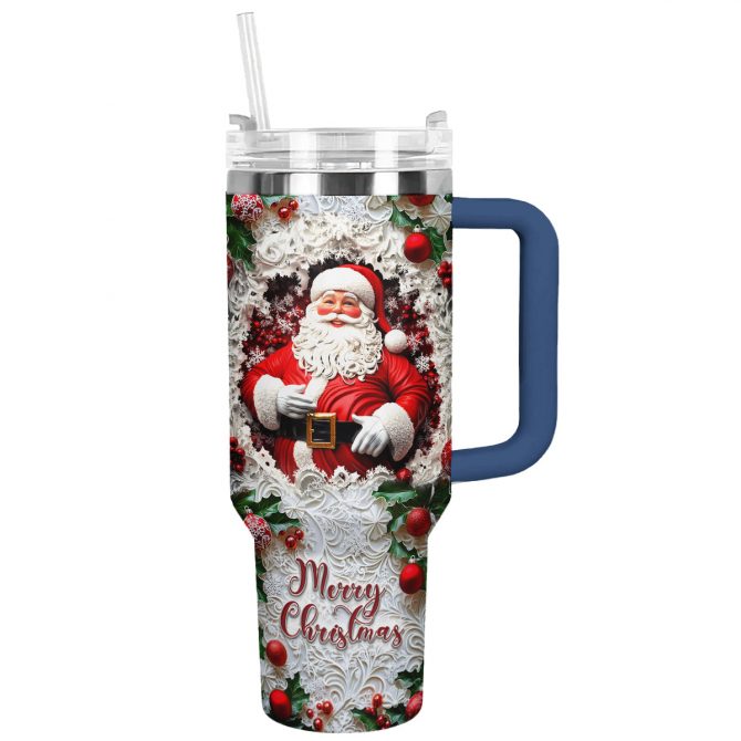 Santa‚Äôs Cheer Christmas Custom Stanley Quencher 40oz Stainless Steel Tumbler With Handle