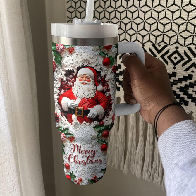 Santa‚Äôs Cheer Christmas Custom Stanley Quencher 40oz Stainless Steel Tumbler With Handle - Image 3