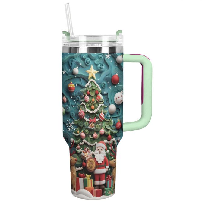Santa‚Äôs Festive Joy Christmas Custom Stanley Quencher 40oz Stainless Steel Tumbler With Handle