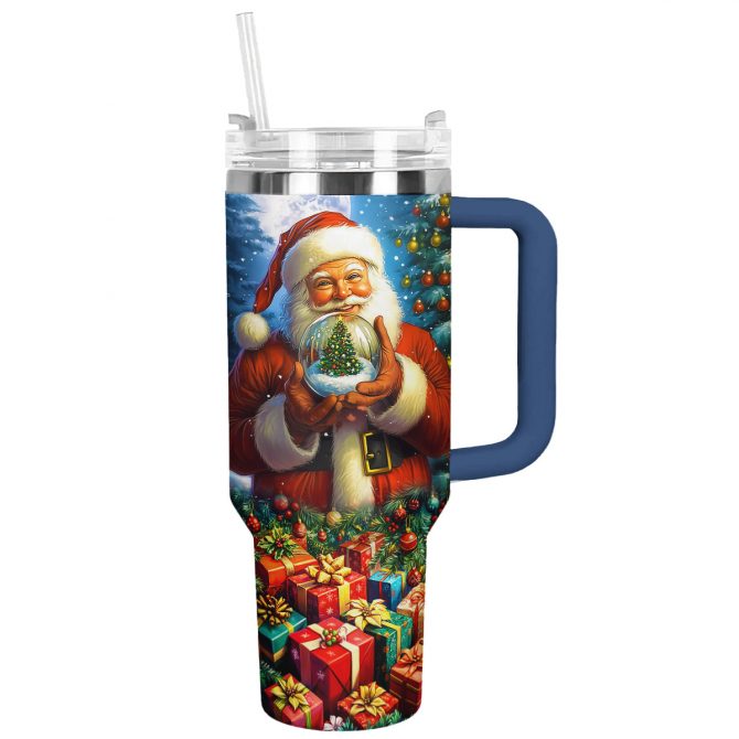Santa‚Äôs Magical Snow Globe Gift Christmas Custom Stanley Quencher 40oz Stainless Steel Tumbler With Handle