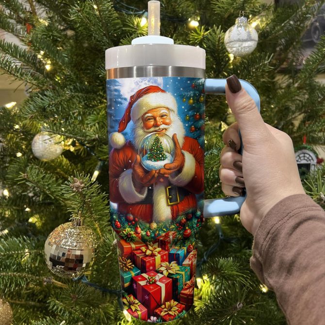Santa‚Äôs Magical Snow Globe Gift Christmas Custom Stanley Quencher 40oz Stainless Steel Tumbler With Handle - Image 3