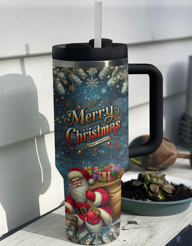 Santa‚Äôs Nighttime Wonder Christmas Custom Stanley Quencher 40oz Stainless Steel Tumbler With Handle - Image 3