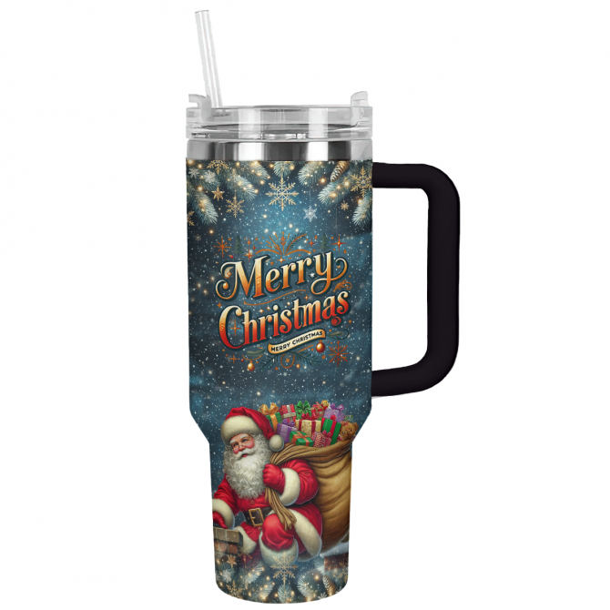 Santa‚Äôs Nighttime Wonder Christmas Custom Stanley Quencher 40oz Stainless Steel Tumbler With Handle