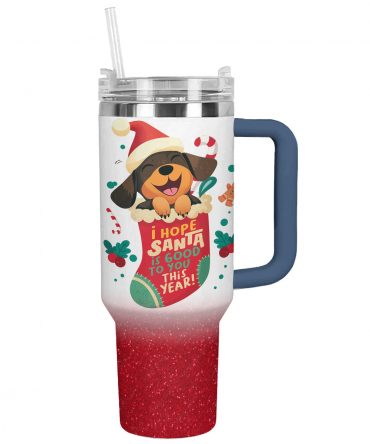 Santa‚Äôs Puppy Delight Christmas Custom Stanley Quencher 40oz Stainless Steel Tumbler With Handle