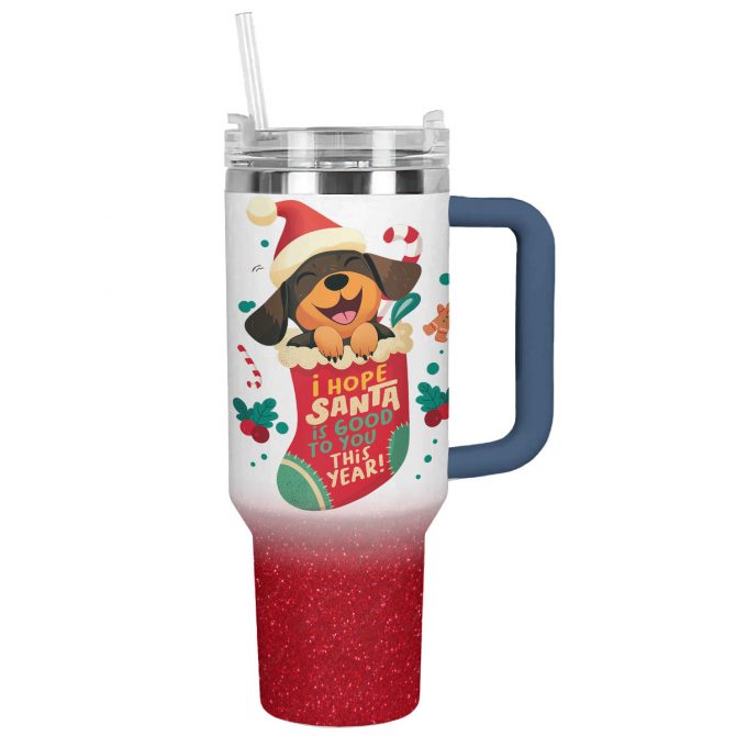 Santa‚Äôs Puppy Delight Christmas Custom Stanley Quencher 40oz Stainless Steel Tumbler With Handle