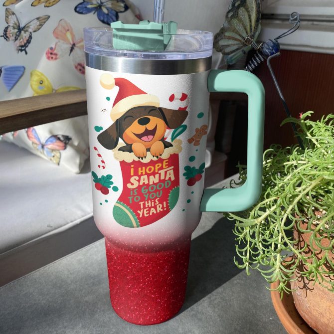 Santa‚Äôs Puppy Delight Christmas Custom Stanley Quencher 40oz Stainless Steel Tumbler With Handle - Image 3