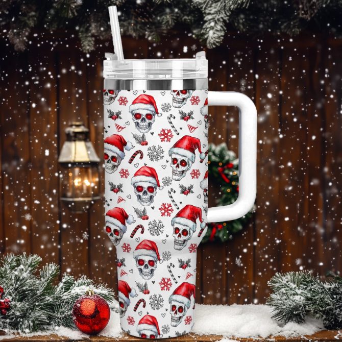 Skull Santa Holiday Christmas Custom Stanley Quencher 40oz Stainless Steel Tumbler With Handle - Image 2