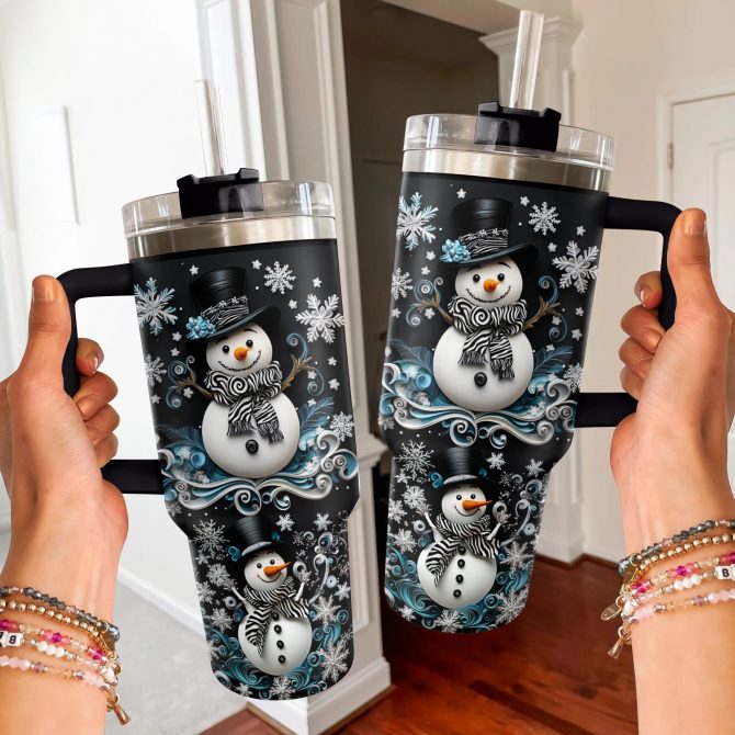 Snowflake Charm Snowman Christmas Custom Stanley Quencher 40oz Stainless Steel Tumbler With Handle - Image 3