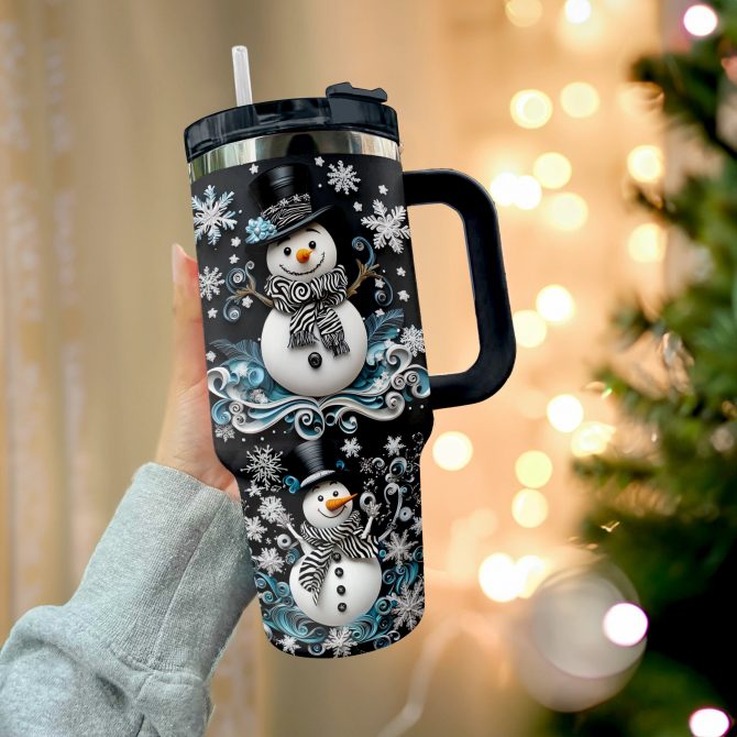 Snowflake Charm Snowman Christmas Custom Stanley Quencher 40oz Stainless Steel Tumbler With Handle - Image 2