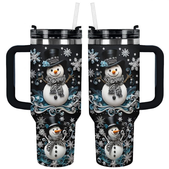 Snowflake Charm Snowman Christmas Custom Stanley Quencher 40oz Stainless Steel Tumbler With Handle