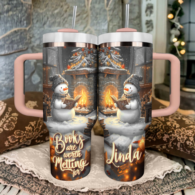 Snowman Books Are Worth Melting For Christmas Custom Stanley Quencher 40oz Stainless Steel Tumbler With Handle - Image 3