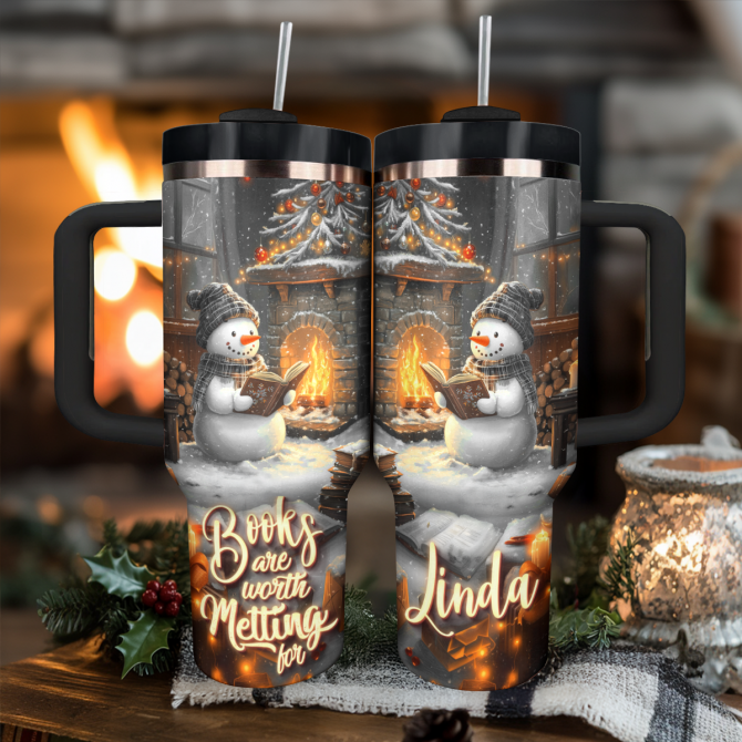 Snowman Books Are Worth Melting For Christmas Custom Stanley Quencher 40oz Stainless Steel Tumbler With Handle - Image 2