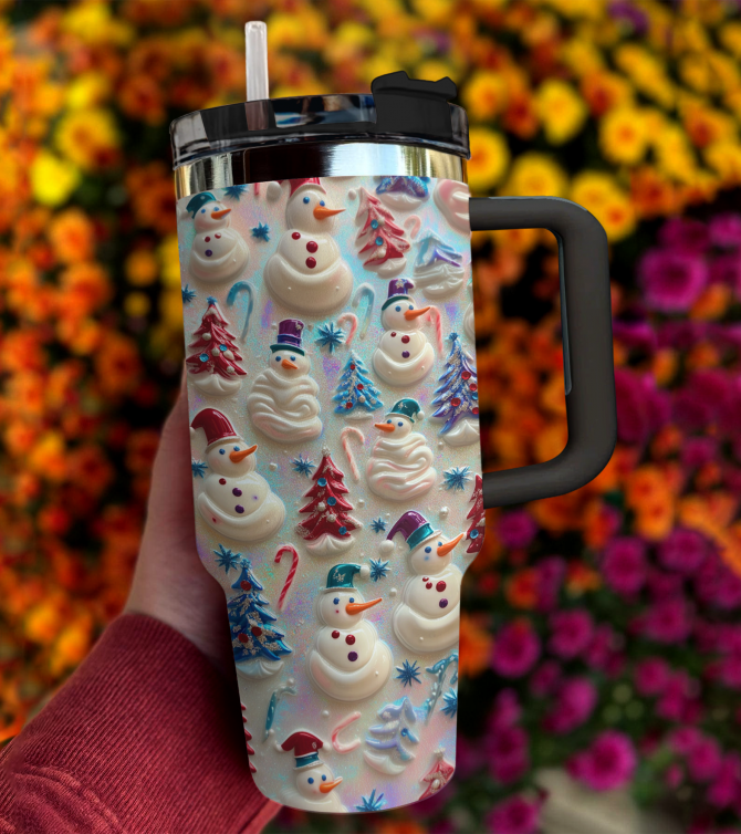 Snowman Pattern Christmas Custom Stanley Quencher 40oz Stainless Steel Tumbler With Handle - Image 3