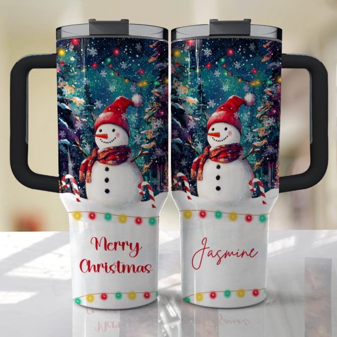 Snowman Under Christmas Light Custom Stanley Quencher 40oz Stainless Steel Tumbler With Handle - Image 2
