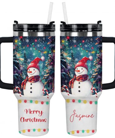 Snowman Under Christmas Light Custom Stanley Quencher 40oz Stainless Steel Tumbler With Handle