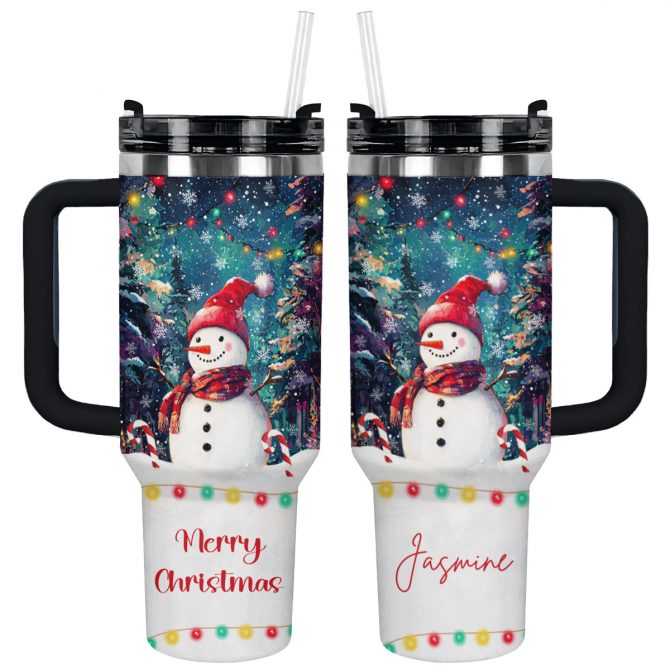 Snowman Under Christmas Light Custom Stanley Quencher 40oz Stainless Steel Tumbler With Handle