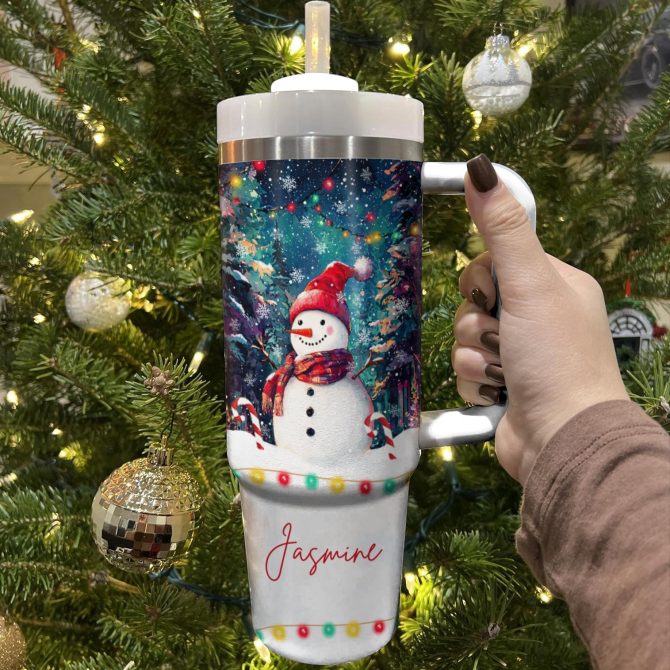 Snowman Under Christmas Light Custom Stanley Quencher 40oz Stainless Steel Tumbler With Handle - Image 3