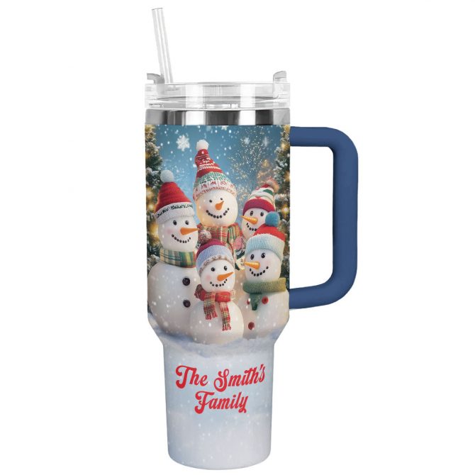 Snowmen Family Christmas Custom Stanley Quencher 40oz Stainless Steel Tumbler With Handle