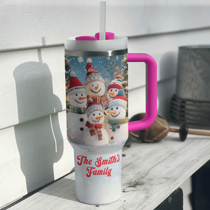 Snowmen Family Christmas Custom Stanley Quencher 40oz Stainless Steel Tumbler With Handle - Image 3