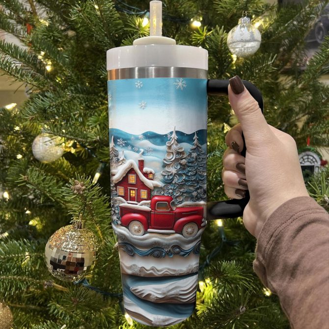 Snowy Cabin Christmas Custom Stanley Quencher 40oz Stainless Steel Tumbler With Handle - Image 3