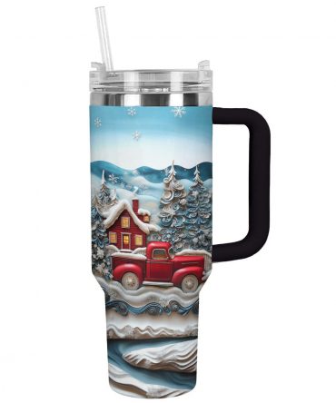 Snowy Cabin Christmas Custom Stanley Quencher 40oz Stainless Steel Tumbler With Handle