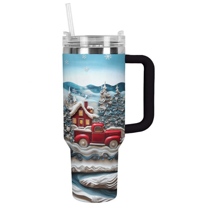 Snowy Cabin Christmas Custom Stanley Quencher 40oz Stainless Steel Tumbler With Handle