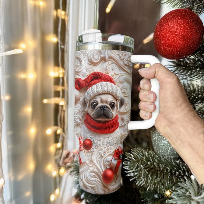 Snowy Christmas Pug Custom Stanley Quencher 40oz Stainless Steel Tumbler With Handle - Image 3