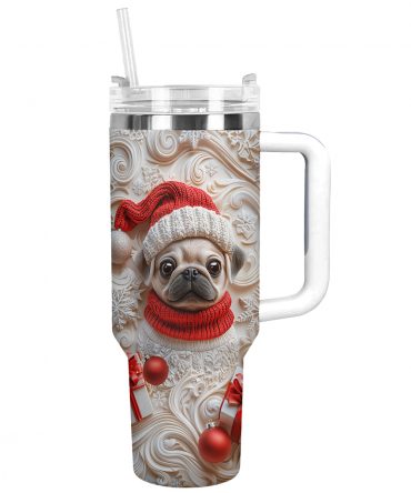Snowy Christmas Pug Custom Stanley Quencher 40oz Stainless Steel Tumbler With Handle