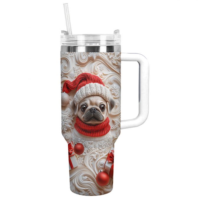 Snowy Christmas Pug Custom Stanley Quencher 40oz Stainless Steel Tumbler With Handle