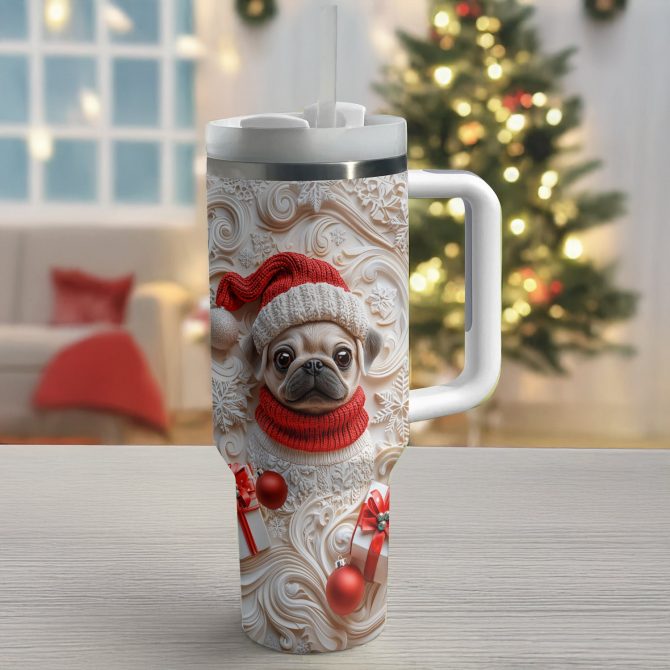 Snowy Christmas Pug Custom Stanley Quencher 40oz Stainless Steel Tumbler With Handle - Image 2