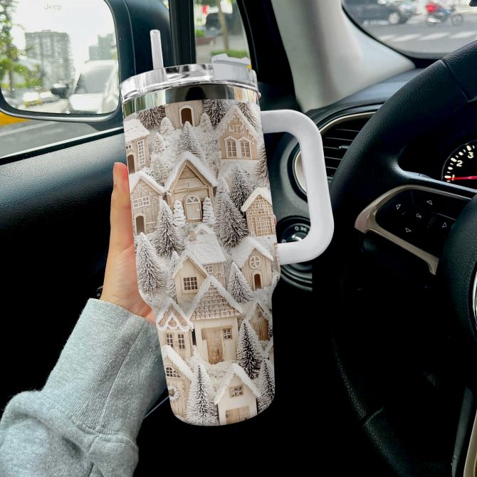 Snowy Cottage Dreams Christmas Custom Stanley Quencher 40oz Stainless Steel Tumbler With Handle - Image 3