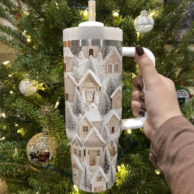 Snowy Cottage Dreams Christmas Custom Stanley Quencher 40oz Stainless Steel Tumbler With Handle - Image 2
