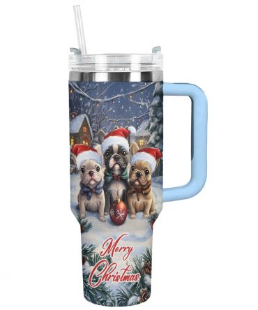 Snowy Frenchie Bulldog Squad Christmas Custom Stanley Quencher 40oz Stainless Steel Tumbler With Handle