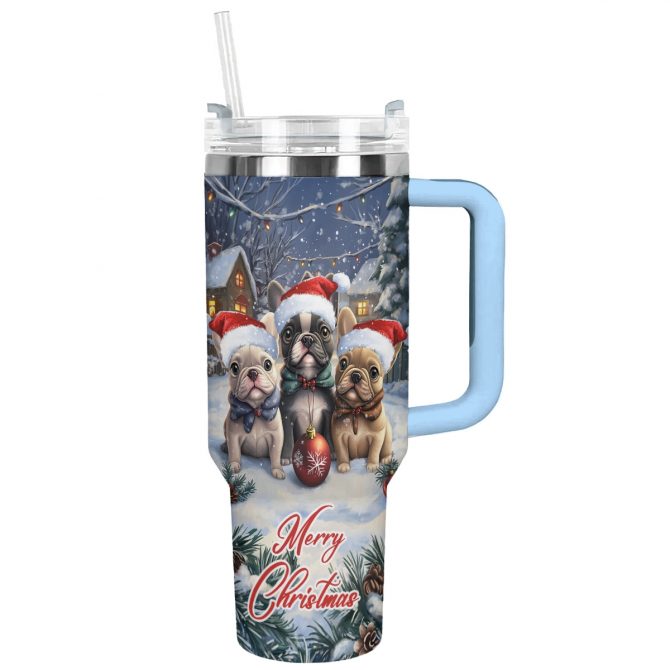 Snowy Frenchie Bulldog Squad Christmas Custom Stanley Quencher 40oz Stainless Steel Tumbler With Handle
