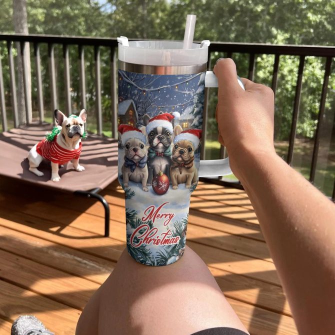 Snowy Frenchie Bulldog Squad Christmas Custom Stanley Quencher 40oz Stainless Steel Tumbler With Handle - Image 3