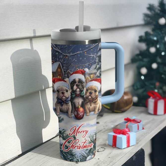 Snowy Frenchie Bulldog Squad Christmas Custom Stanley Quencher 40oz Stainless Steel Tumbler With Handle - Image 2