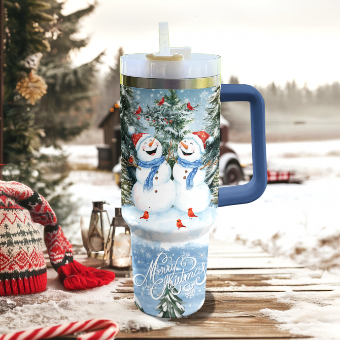 Snowy Smiles Duo Christmas Custom Stanley Quencher 40oz Stainless Steel Tumbler With Handle - Image 3