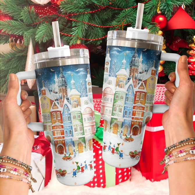 Snowy Town Christmas Custom Stanley Quencher 40oz Stainless Steel Tumbler With Handle - Image 2