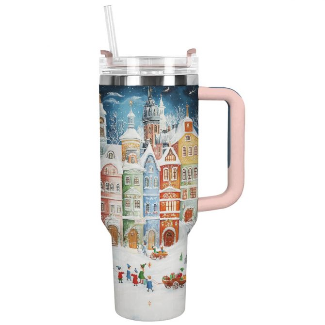Snowy Town Christmas Custom Stanley Quencher 40oz Stainless Steel Tumbler With Handle