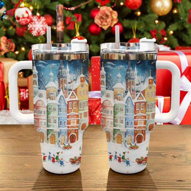 Snowy Town Christmas Custom Stanley Quencher 40oz Stainless Steel Tumbler With Handle - Image 3